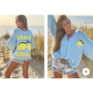 ITALY MODA Oversized Knit Limoncello Lemon Cardigan Sky Blue Boho Coquette NWT
